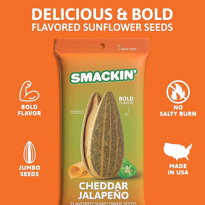 SMACKIN' Sunflower Seeds, Roasted Jumbo Small-Batch, American Made - Cheddar Jalapeño. 1.5oz bags (6 Pack)