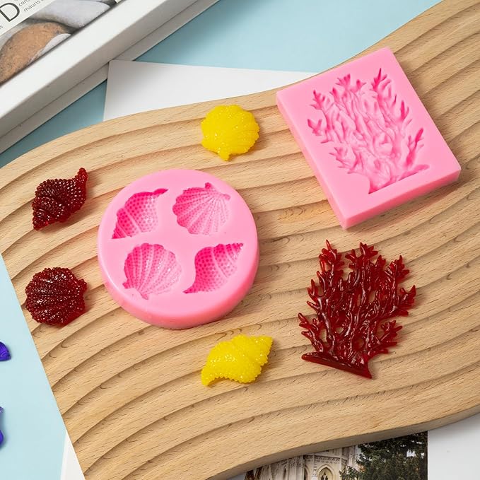 Elfkitwang Marine Theme Fondant Silicone Mold,Seashell,conch, Mermaid Tail,Seahorse,starfish,coral, DIY Handmade Baking Tools for Mermaid Theme Cake Decoration