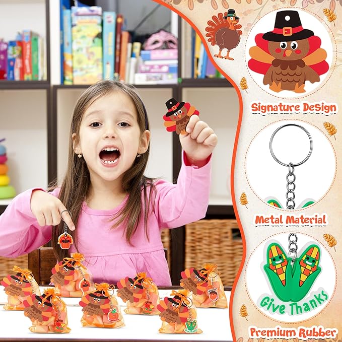 90 Pcs /30 Set Friendsgiving Party Favors for Guests Includes Thanksgiving Turkey Keychain with Organza Bags and Thank You Card for Thanksgiving Fall Party Supplies Guest Friends Gift