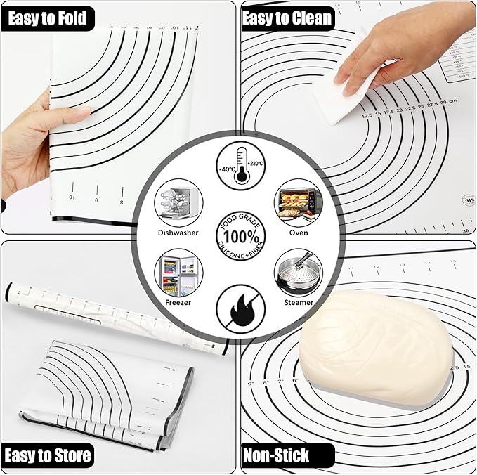 Rolling Pin with Adjustable Thickness Ring and Silicone Baking Mat for Baking, Fondant,Pizza,Pie,Cookies,Pastries,13.6"Wooden Rolling Pin Dough Roller with 4 Multi-Color Thickness Rings