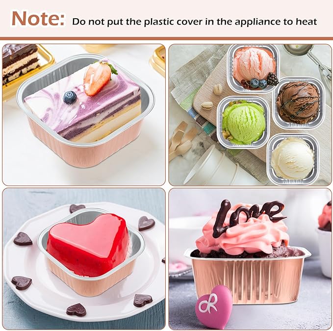 Aoriher 300 Pieces 10 oz Mini Cake Pans with Lids, Aluminum Foil Baking Cups, Square Disposable Cupcake Cups Baking Tins for Wedding Birthday Party Supplies(Champagne)