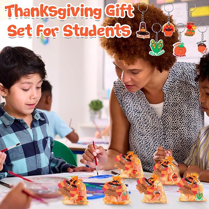 90 Pcs /30 Set Friendsgiving Party Favors for Guests Includes Thanksgiving Turkey Keychain with Organza Bags and Thank You Card for Thanksgiving Fall Party Supplies Guest Friends Gift
