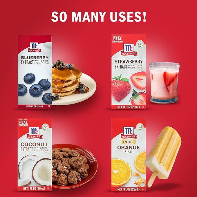 McCormick Fruity Extract Variety Pack, Includes Orange, Strawberry, Blueberry, and Coconut Flavors, For Baking, Mocktails, and More, 4 fl oz