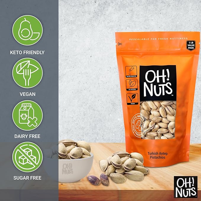 Oh! Nuts Pistachios - Roasted & Lightly Salted - 1 lb - Turkish Antep Pistachios In Shell - Packed in New York Zip-Seal Bag for Exceptional Freshness
