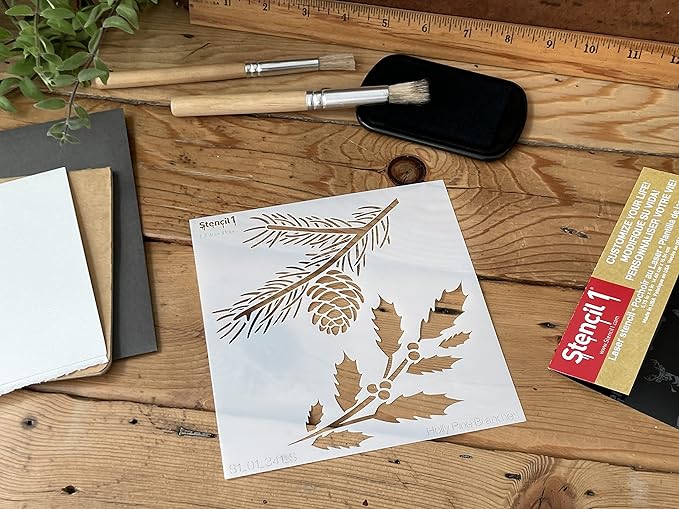 Stencil1 Holly and Evergreen Branches Stencil – Reusable Winter Template for DIY Crafts, Holiday Decor, Painting on Wood, Fabric, Cards & More - 5.75" x 6"