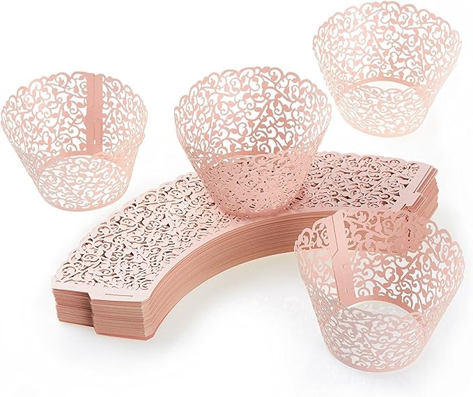 100pcs Cupcake Wrappers Artistic Bake Cake Paper Cups Little Vine Lace Laser Cut Liner Baking Cup Muffin Case Trays for Wedding Party Birthday Decoration (Pink)