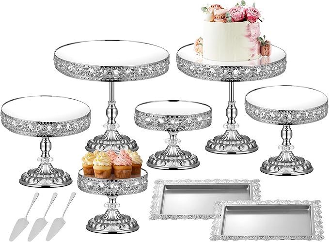 12-Piece Silver Cake Stand Set, Vintage Cake Stand with Crystal Edge and Cupcake Display Tray, Dessert Table Display Set for Wedding, Party, Baby Shower, Anniversary Celebration