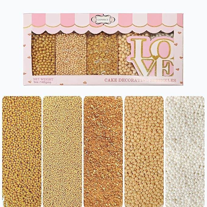 Confect Pearl Sprinkles | Christmas Sprinkles | Golden Sunshine Disco Ball Mashup Sprinkles Mix Champagne Gold Dragees Golden Sparkling Sugar - Vegan, Gluten-Free, Nut-Free, Soy-Free, Dairy-Free, Palm Oil-Free, No Artificial Dyes - 5 Oz