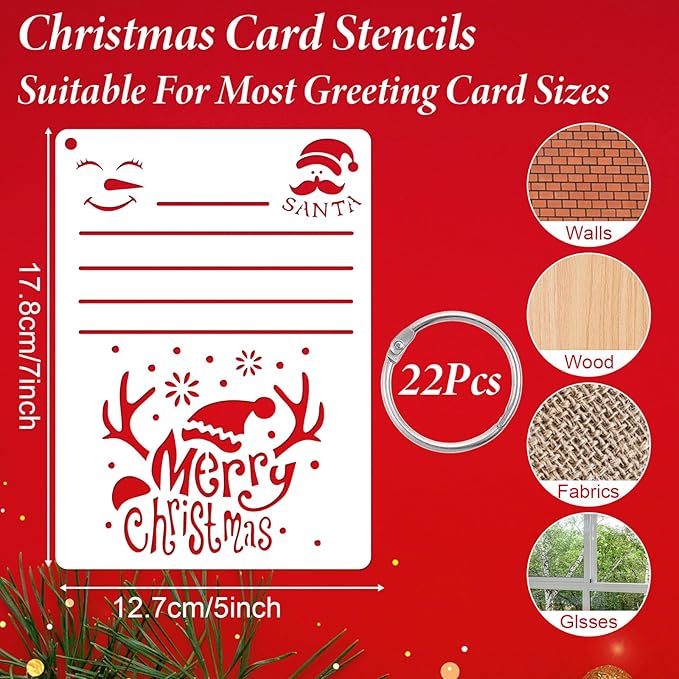 22Pcs Christmas Stencils for Crafts Reusable, Journal Stencil for Card Making Supplies, Drawing Happy New Year Christmas Stencils for Painting On Wood, Crafts, Wall Decorations(7 × 5 Inch)