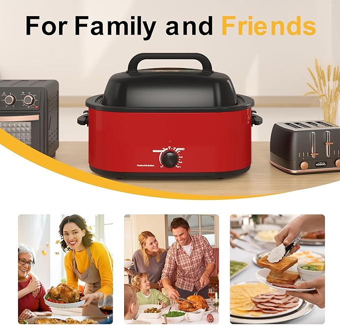 RoyalCraft 22-Quart Electric Roaster Oven with Visible Self-Basting Lid, Turkey Roaster Oven with Removable Pan and Rack, Perfect for Large Meals and Holiday Feasts, Red