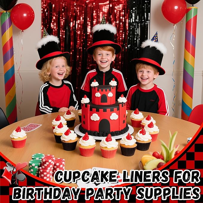 200PCS Red and Black Cupcake Liners Mini Muffin Baking Cups Wrappers for Gothic Birthday Party Supplies Disposable Cupcake Papers for Red Black Casino Theme Party Decorations