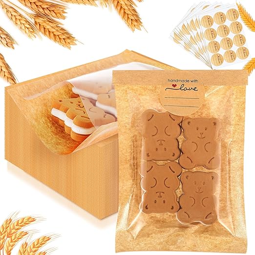Outus 100 Pcs Cookie Packaging Bags with Seal, 4 x 6 Inch Bakery Pastry Bags with Window, Heat Sealable Grease Resistant Paper to Go Bake Sleeves for Gift Giving Donut Bread Sandwich (Brown)