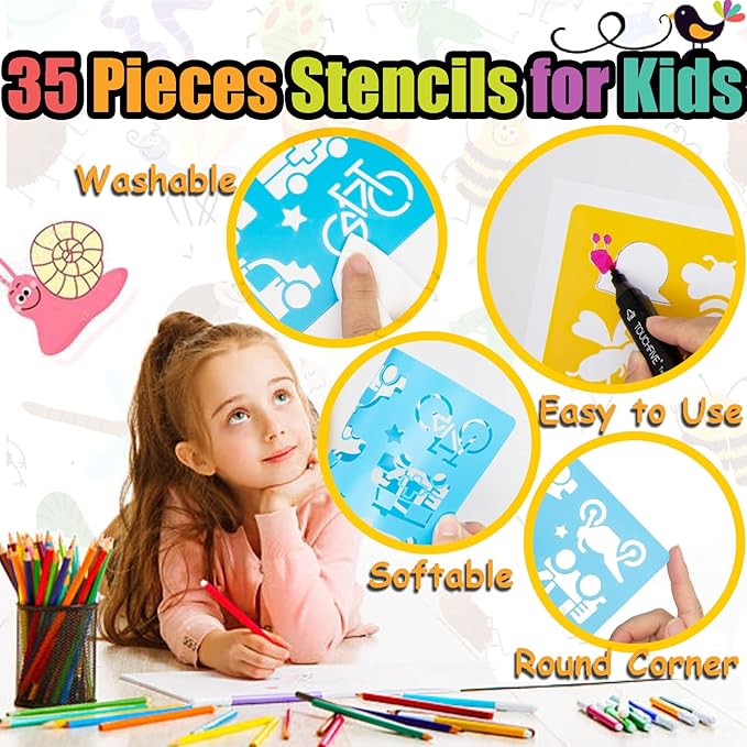 Stencils for Kids,35 PCS Drawing Stencils Templates Kids Reusable Plastic Stencils with Variety of Themes/Shapes,Girls Boys Christmas Birthday Gift