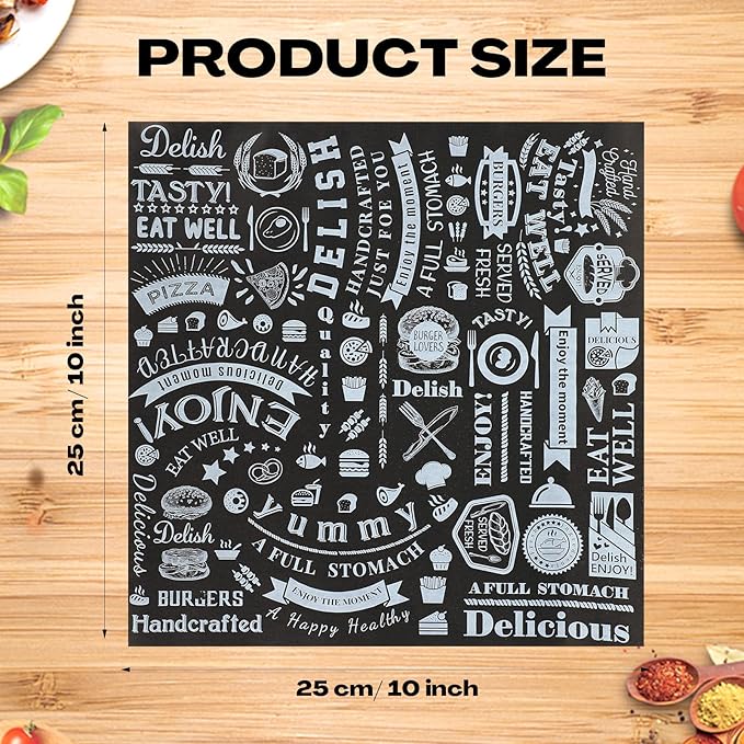 Outus 600 Pcs 10 x 10 Inch Deli Wax Paper Sheets Grease Resistant Tray Basket Liners Newsprint Paper Water and Grease Proof Sandwich Wrapping Square Hot Dog Wrappers for Food Baking (Black)