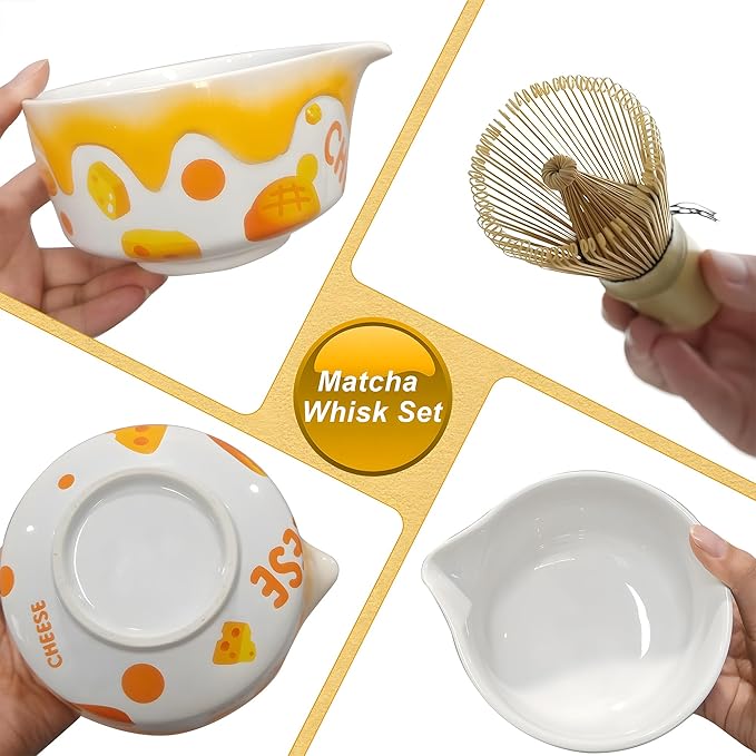 Matcha Whisk Set 7 Pcs Ceramic Matcha Set Includes Matcha Bowl, Matcha Whisk and Holder, Bamboo Scoop, Scoop Rest, Sifter and Tea Towel - Matcha Kit for Matcha Lovers