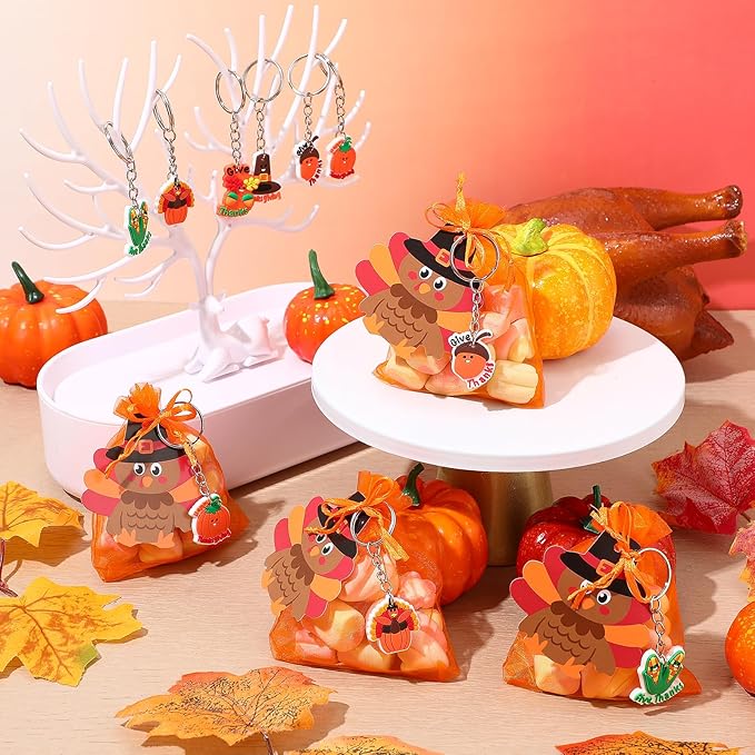 90 Pcs /30 Set Friendsgiving Party Favors for Guests Includes Thanksgiving Turkey Keychain with Organza Bags and Thank You Card for Thanksgiving Fall Party Supplies Guest Friends Gift