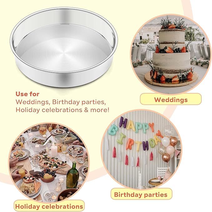 Herogo 8 Inch Round Cake Pan Set of 3, Stainless Steel Nonstick Layer Tier Birthday Wedding Cake Pans, Fit Oven Pots Pressure Cooker, Mirror Finish, Dishwasher Safe