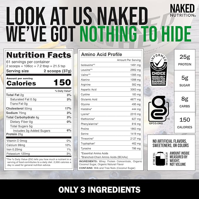 NAKED Vanilla Whey Protein Powder - All Natural Grass Fed Whey Protein Powder, Vanilla Flavor, Organic Coconut Sugar, 5Lb Bulk, GMO-Free, Soy Free, Gluten Free - 61 Servings