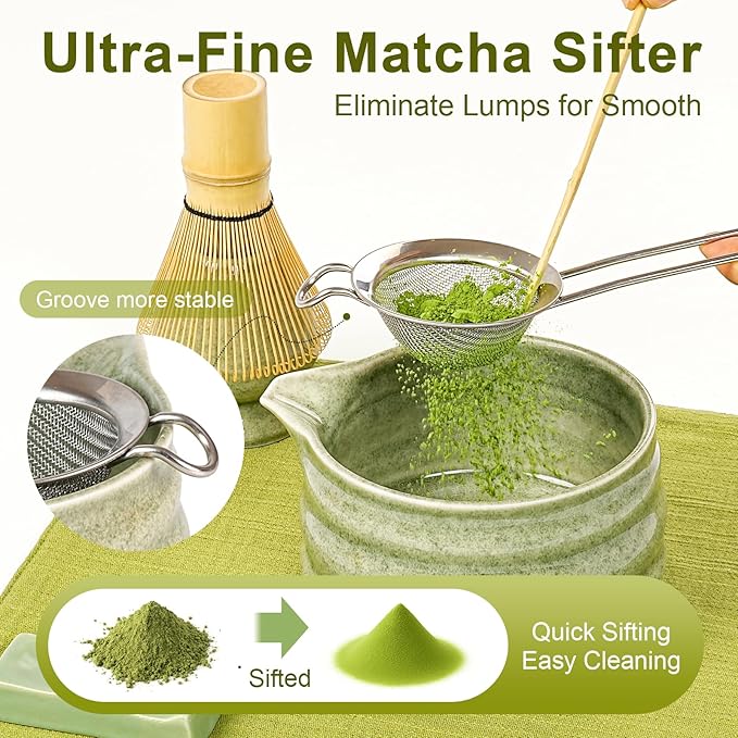 Matcha Whisk Set, 7Pcs Matcha Set - Matcha Bowl with Spout, Handcrafted Bamboo Whisk & Ceramic Holder, Steel Sifter, Towel, Matcha Kit for Tea Ceremony, Timeless Ideal Gift (Speckled green)