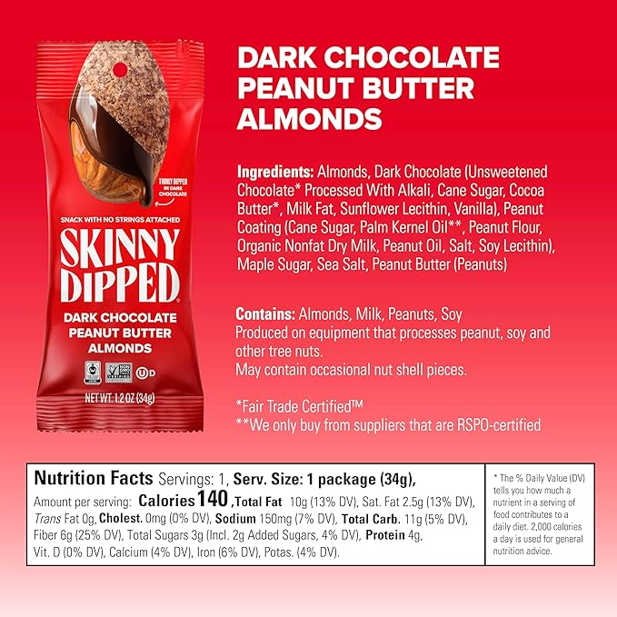 SkinnyDipped Dark Chocolate Peanut Butter Almonds, Chocolate Covered Almonds, Low Sugar, Gluten Free, Healthy Snack, 1.2 Ounce Bags (Pack of 15)
