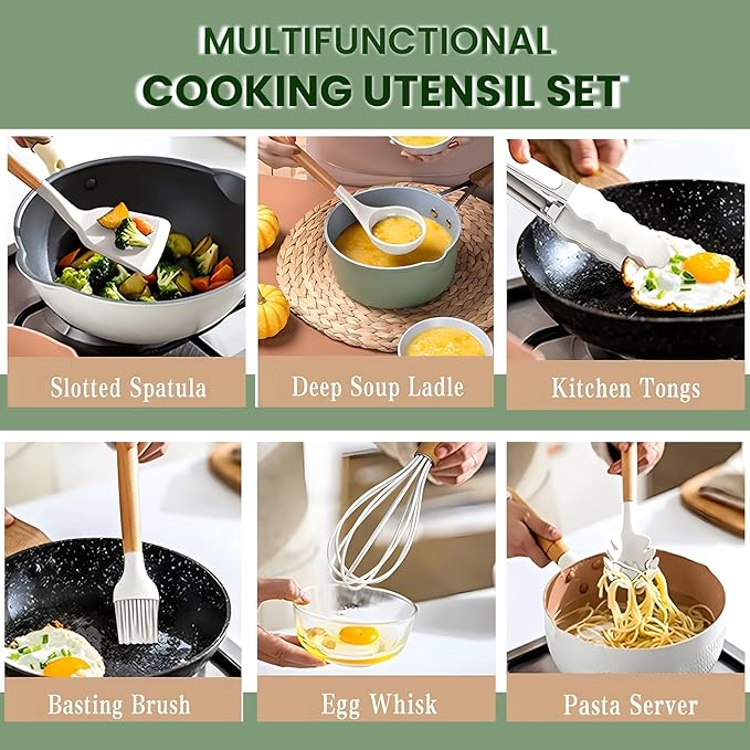 12-Piece Silicone Kitchen Utensil Set with Wooden Handles – Heat Resistant Cooking Tools – Spatula, Spoon, Tongs, Whisk & Holder – Nonstick Cookware Safe – White, Gray, Black (White)