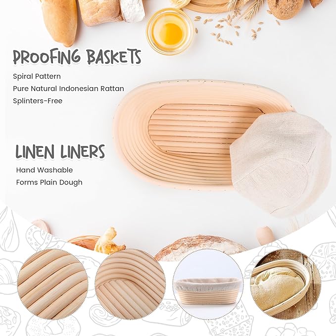 Bread Proofing Baskets Set of 2 10 inch Oval Shaped Dough Proofing Bowls w/Liners Perfect for Professional & Home Sourdough Bread Baking