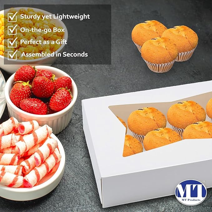 MT Products White Chocolate Covered Strawberry Boxes - 12" x 8" x 2.25" (Pack of 25) Auto Pop-Up Bakery Boxes with Window - Made in USA