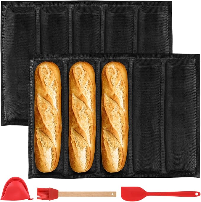 2 Pcs Baguette Bread Pan, 5-Well Fiberglass Silicone Bread Loaf Pan with Silicone Spatula, Brush, Anti-Scald Clip, Aerated Pan for French Bread, Hot Dog Buns