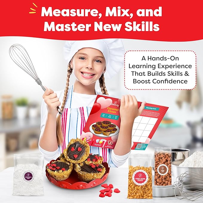 Baketivity Caramel Kisses Kids Baking Kit - Baking Set for Girls and Boys Ages 4-12 - Kids Cooking Kit with Premeasured Ingredients, Instructions, Video, STEM Activities