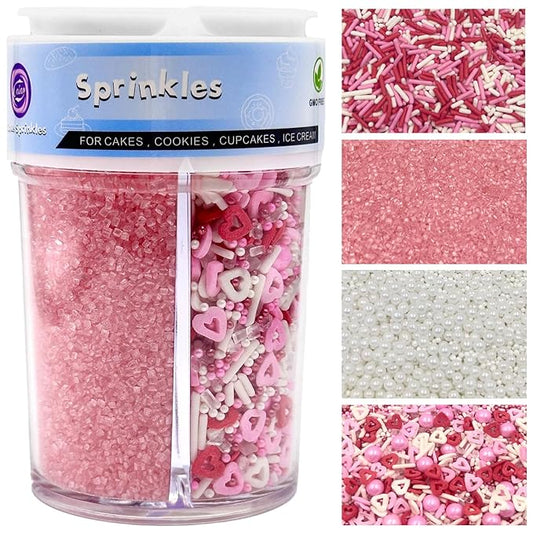 Valentines Sprinkles for Cake Decorating, 7oz Pink Heart Jimmies Pearl Sprinkles for Valentines Cookie Baking Cupcake Topping