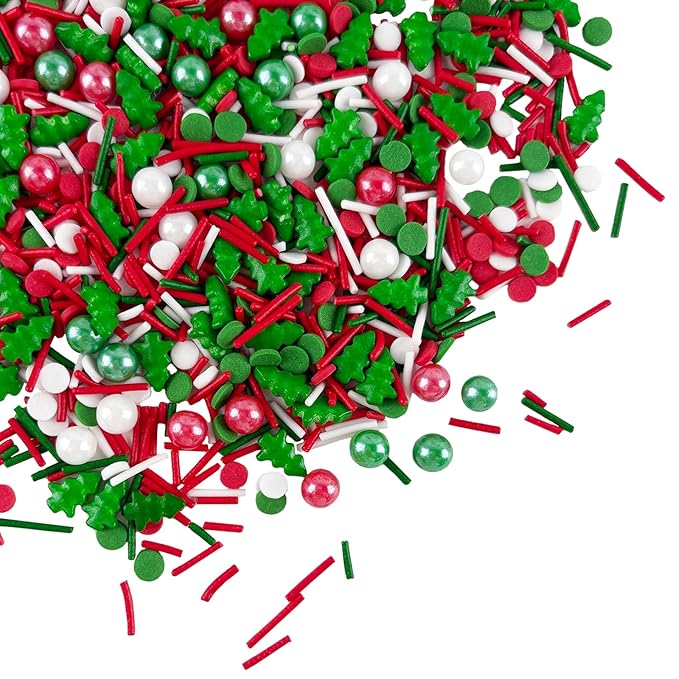 Christmas Sprinkles Red Green White Sprinkle Edible Christmas Tree Sprinkle Holiday Cake Sprinkles Sugar Pearls Jimmies Mix for Cake Baking Cookie Ice Cream Decorations - 8 Oz