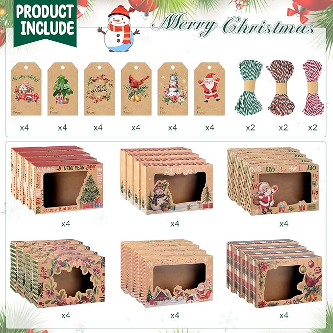 Zachely 24 Christmas Cookie Boxes, Bulk Large Christmas Kraft Paper Treat Boxes with Tags & Ribbons, 6 Styles Holiday Cookie Boxes for Gift Giving, Xmas Cookie Tins with Lids for Cake, Bakery, Donuts