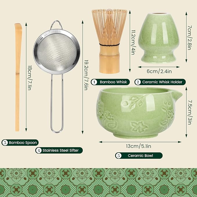 Matcha Whisk Set, Ceramic Matcha Set Includes Matcha Bowl, Matcha Whisk and Holder, Bamboo Scoop, Sifter 5 Pcs Matcha Kit for Matcha Lovers (Mottled Green)