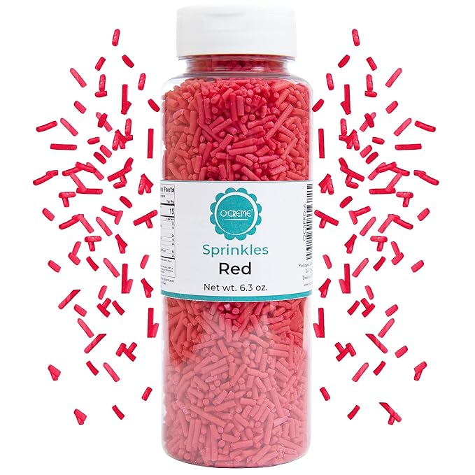 O’Creme Red Sprinkles – 6.3oz Sprinkles for Cake Decorating – Kosher Pastel Sprinkles for Cupcakes, Cookies, Cakes, Ice Cream – Easy-Pour Jar
