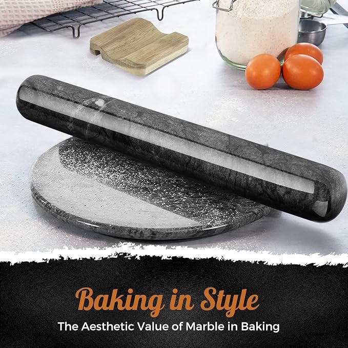 Flexzion Dowel Rolling Pin, 11-inch Black Marble with Wooden Holder Base Stand, Marble Rolling Pin for Baking Pastry Pizza Dough Roller Fondant Cookie Pie Crust Pasta Bakery Roller Pin