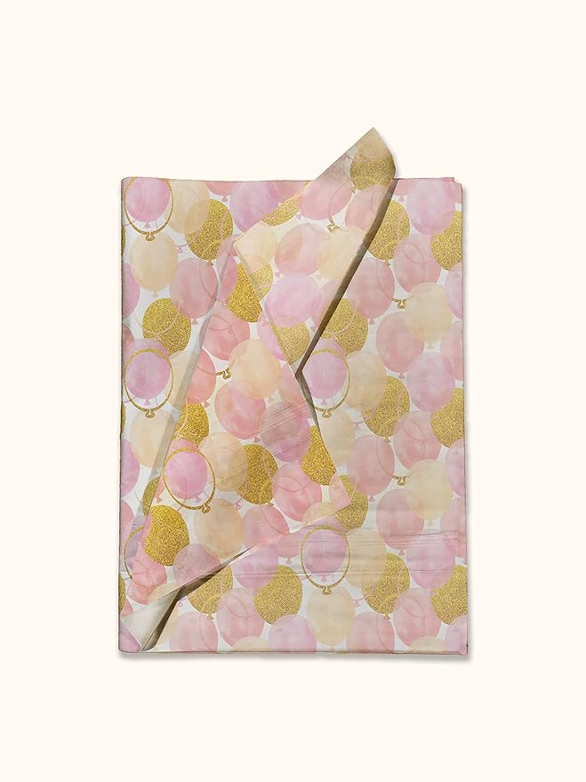Pink and Gold Balloons Birthday Printed Tissue Paper for Gift Bags or Boxes and Wrapping - Bulk Decorative Art Tissue Paper for Packaging and Gifting | 24 Sheets 20" x 30"