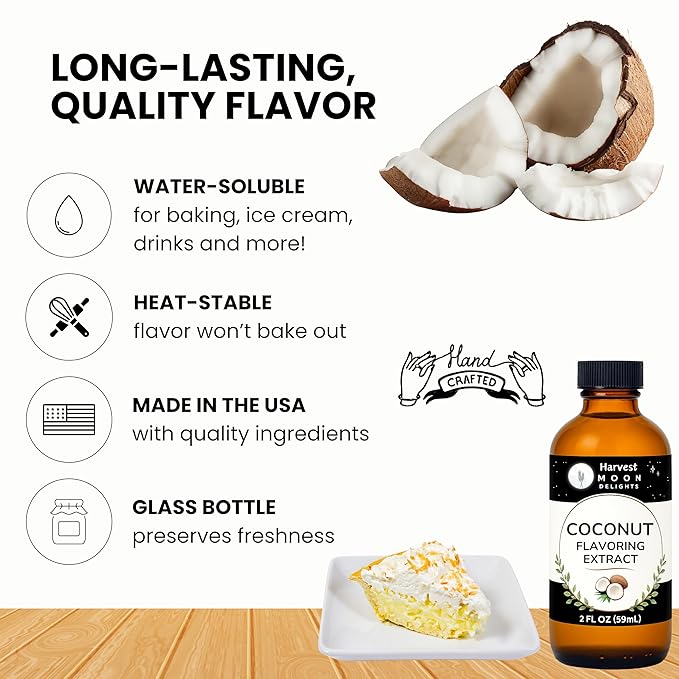 Natural Coconut Extract - 2 oz - Water-Soluble - By Harvest Moon Delights - Coconut Extract for Baking, Ice Cream, Drinks, and Candy - Flavoring, Flavor - Sugar-Free