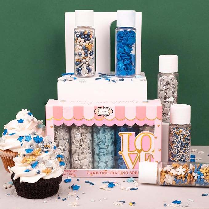 Confect Christmas Sprinkles | Blue, White, Gold & Silver Mix | Edible Pearl, Star & Heart Shaped Sprinkles | Holiday Cake & Cupcake Decorations- 5 Oz