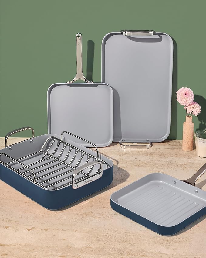 Caraway Square Cookware Set - Square Pans Set - Perfect for Griddling, Toasting, Searing, Roasting, and More - Non-Stick Ceramic Coated Pans - Non Toxic, PTFE & PFOA Free - Gray