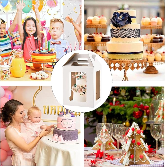 3 Pack Tall Cake Boxes for Tier Cakes,10x10x12 Inches Large Tiered Cake Carriers with Windows,8in 10in Disposable Layer Tall Baking boxes with Handle for Birthday,Wedding,Party