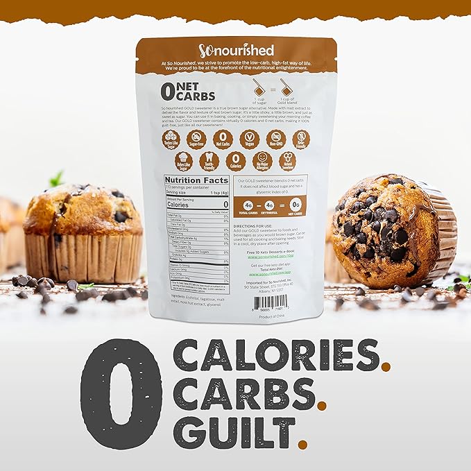 So Nourished GOLD Brown Sugar Alternative Substitute 1:1 Sugar Replacement - Monk Fruit Erythritol Sweetener for Low Carb Dieters and Diabetics - No Calorie Sweetener, Non-GMO (2.5 Pounds)