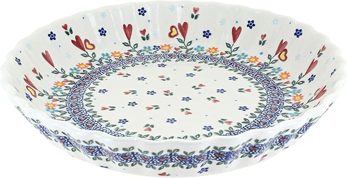Blue Rose Polish Pottery - Red Hearts & Flowers Pie Plate - 10" Diameter - Unique, Dishwasher Safe, & Durable Bakeware