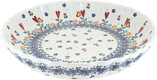 Blue Rose Polish Pottery - Red Hearts & Flowers Pie Plate - 10" Diameter - Unique, Dishwasher Safe, & Durable Bakeware