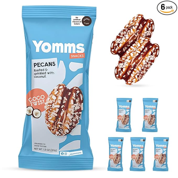Yomms Coco Twist Pecans Halves – Low Sugar Healthy Dessert Snack | Sweet Coconut & Crunchy Pecan Snack | Lightly Sweetened, Honey Roasted Mixed Nuts | Great for Snacking, Salads - 1.3oz - Pack of 6