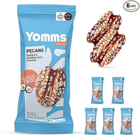 Yomms Coco Twist Pecans Halves – Low Sugar Healthy Dessert Snack | Sweet Coconut & Crunchy Pecan Snack | Lightly Sweetened, Honey Roasted Mixed Nuts | Great for Snacking, Salads - 1.3oz - Pack of 6