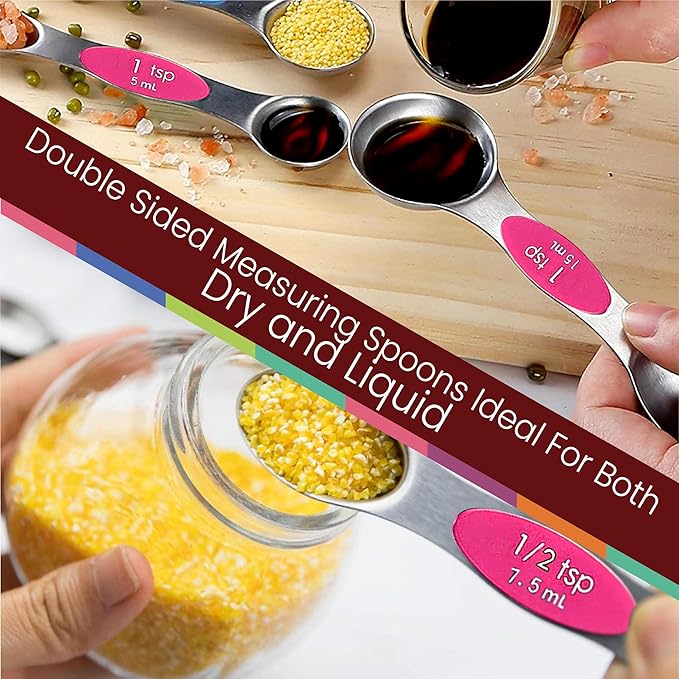 Magnetic Measuring Spoons Set of 9 Stainless Steel Dual-Sided Stackable Measuring Spoon Nesting Teaspoons Measuring Dry and Liquid Ingredients, Fits in Spice Jars Set of 9 (Pink)