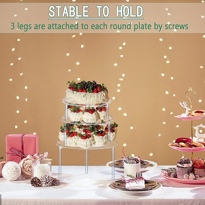 3 Pcs Acrylic Cake Stands, Akamino Reusable Round Cupcake Holder for Dessert Cake Pizza, Display Stand Party Serving Platter for Christmas Wedding Birthday Baby Shower Tea Party