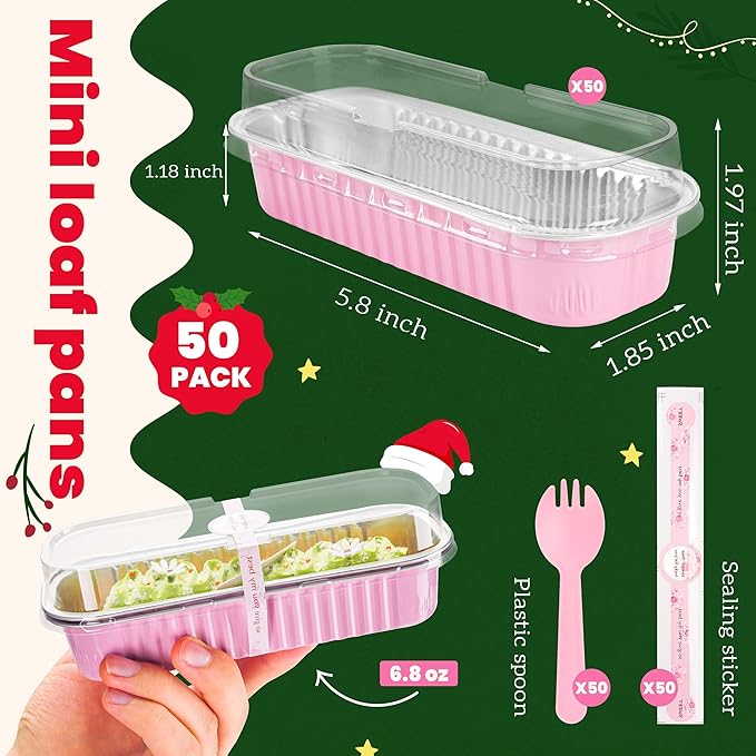 50 PACK Mini Cake Pans with Lids and Spoons,Rectangular Aluminum Foil Bread Pan,Mini Loaf Pans and Food Containers with Lids(Pink,6.8oz)