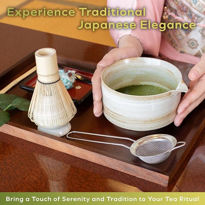 HIBINO Japanese Matcha Set | Matcha Bowl with Spout | Whisk & Holder | Bamboo Scoop & Stainless Sifter | 5-Piece Traditional Matcha Kit | Designed in Japan |「Rustic Beige」