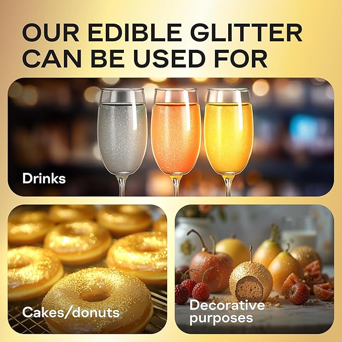 Bakeebake Edible Glitter 15g - Edible Glitter for Drinks & Desserts - Gluten Free Cake Decorating – Tasteless Vegan Drink Cocktails and Parties (Gold, 15 grams)